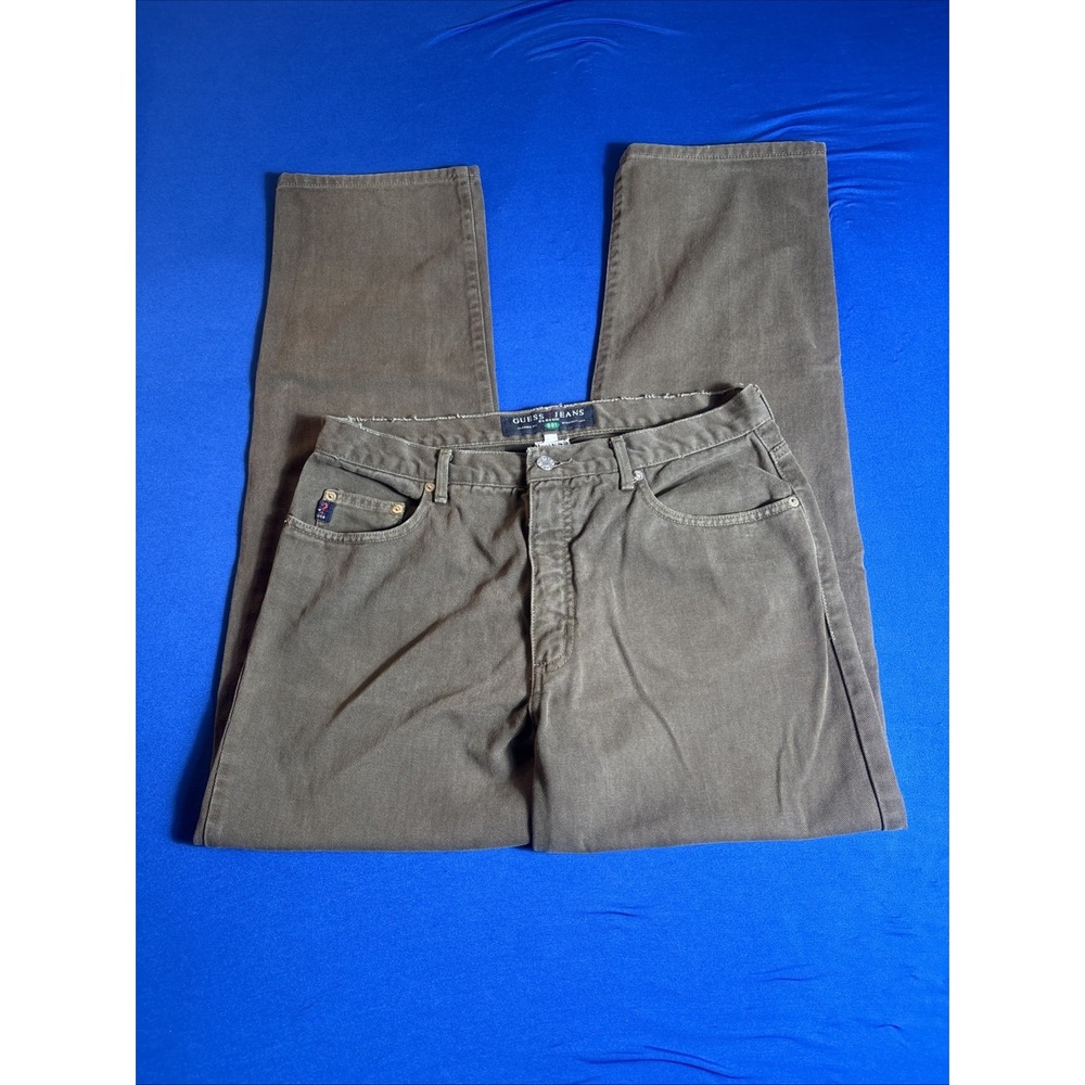 Guess Men Jeans 001- 1990s Straight Fit Sz 34X32 Army Green Retro Vintage Cotton